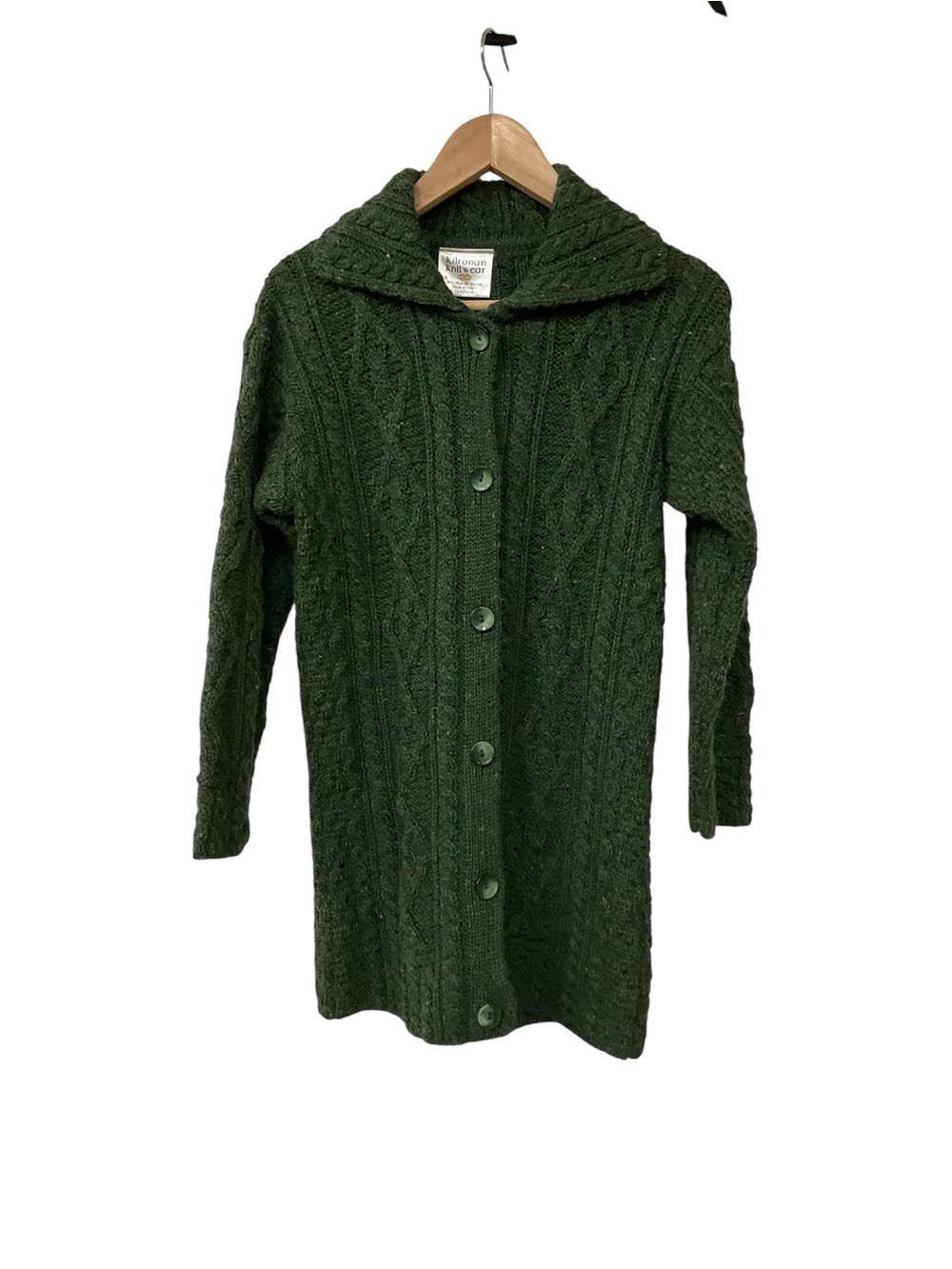Kilronan Ireland Wool Aran Cardigan Dark Green Cable Knit XXS